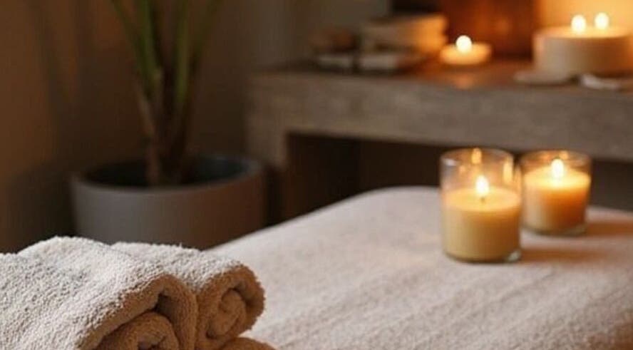 Relaxing massage setup at Tati’s Mobile Massage Service, Lusaka, Lusaka Province, ZM, with candles and towels.