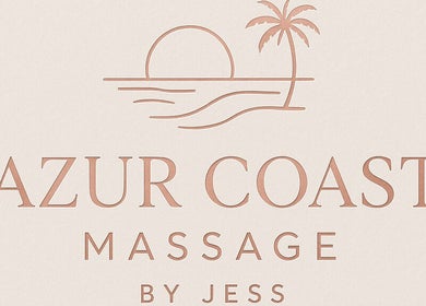Logo of Azur Coast Massage by Jess featuring a sunset and palm tree, located in O'Sullivan Beach, South Australia, AU.