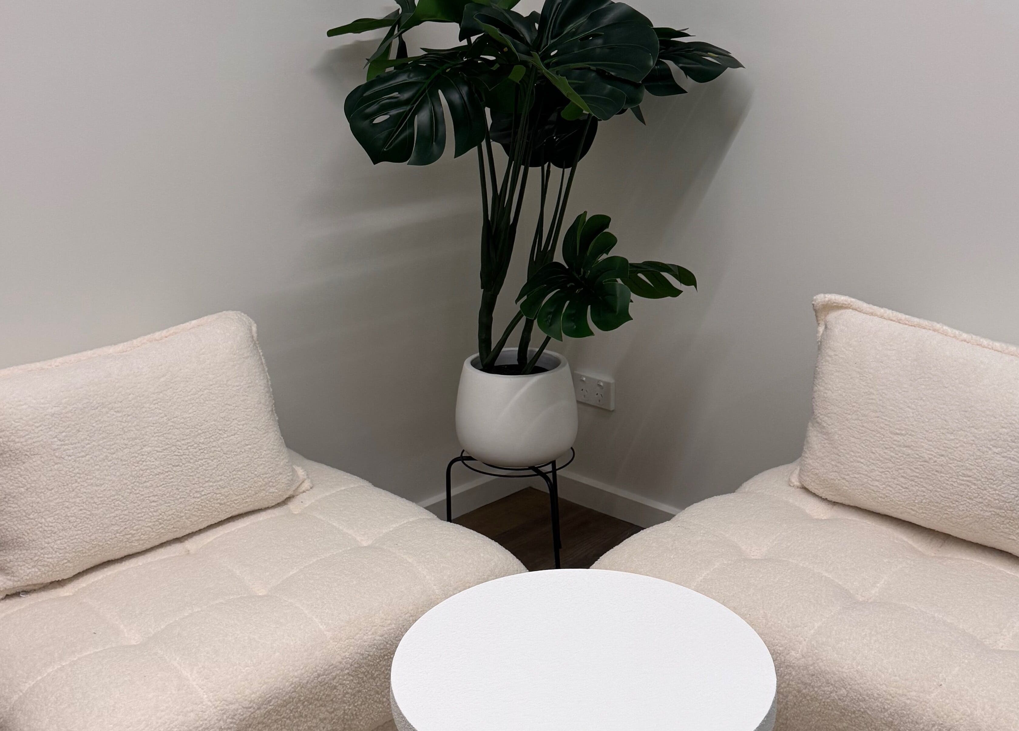 Inviting seating with plush chairs and a chic plant at BRNZD, Hawker, Australian Capital Territory, AU.