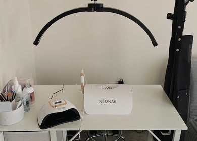 Nail station at MK Beauty, Hartlepool, England, GB, with tools and equipment neatly arranged.