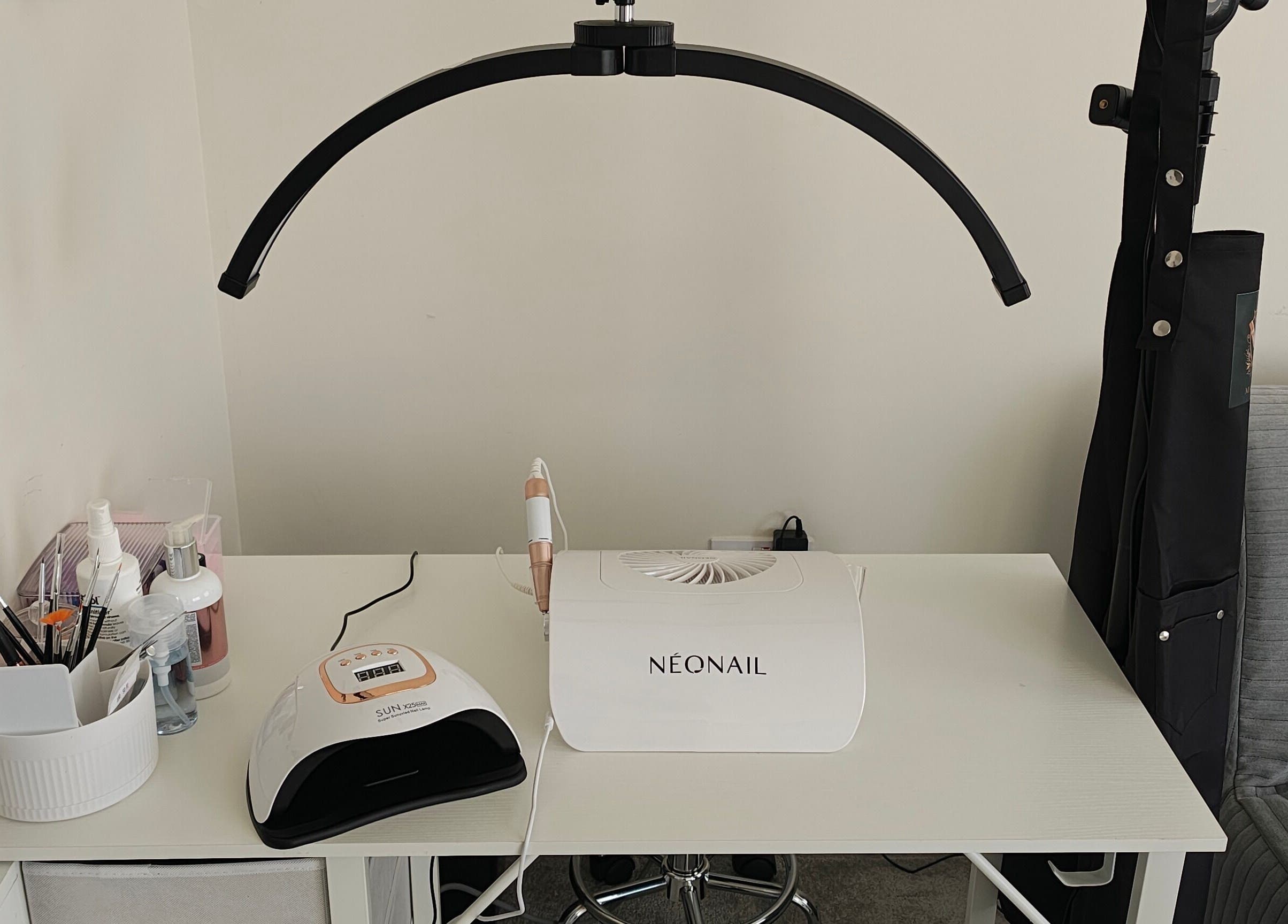 Nail station at MK Beauty, Hartlepool, England, GB, with tools and equipment neatly arranged.