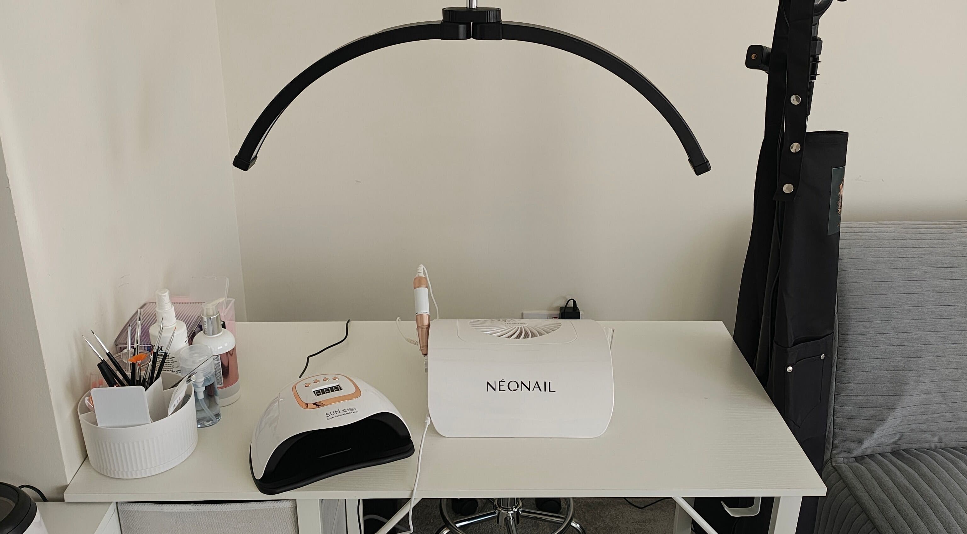 Nail station at MK Beauty, Hartlepool, England, GB, with tools and equipment neatly arranged.