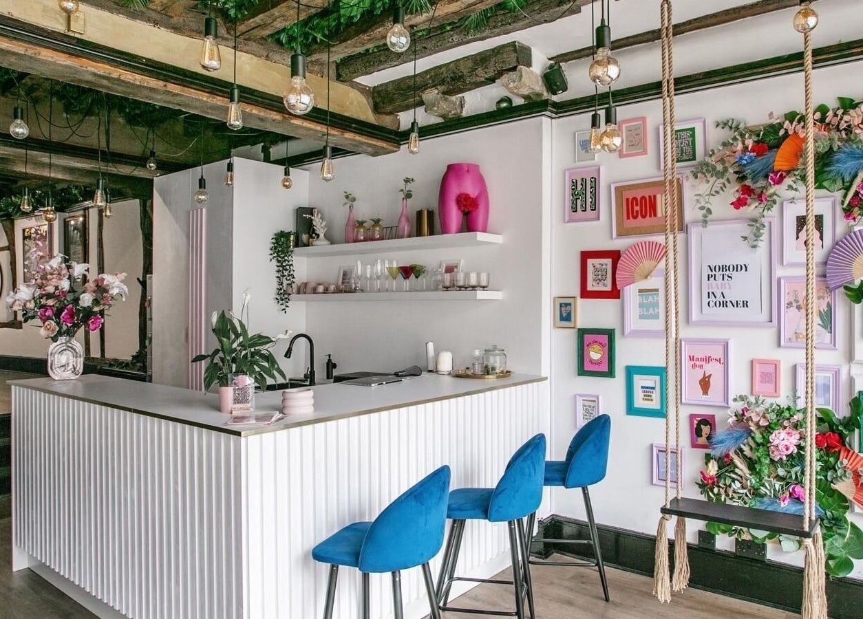 Stylish interior of My Face Atelier, High Wycombe, England, GB, featuring vibrant decor and cozy seating.