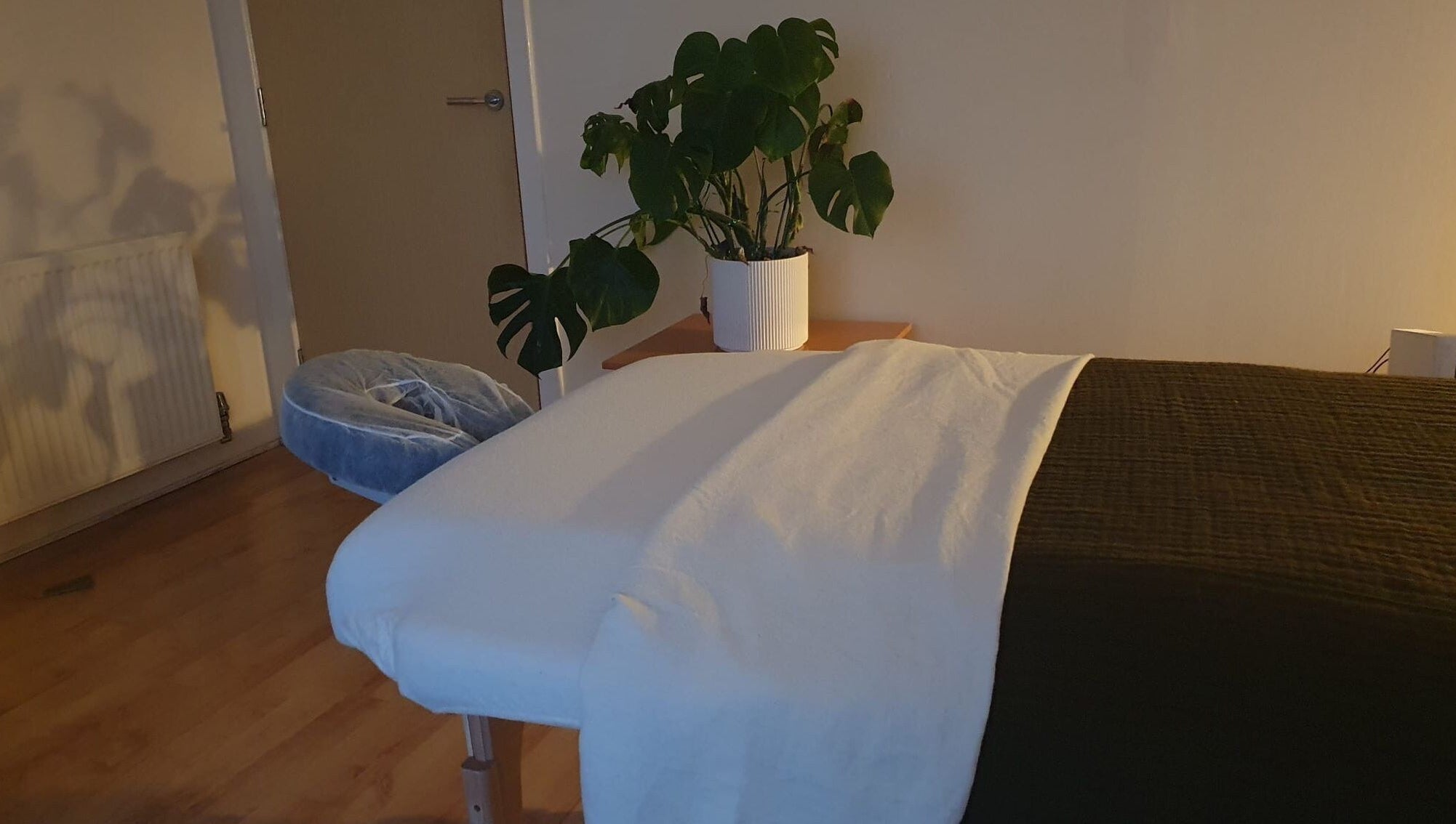 Calming massage room at The Zen Hen, Glasgow, Scotland, GB. Includes a massage table and lush plant.