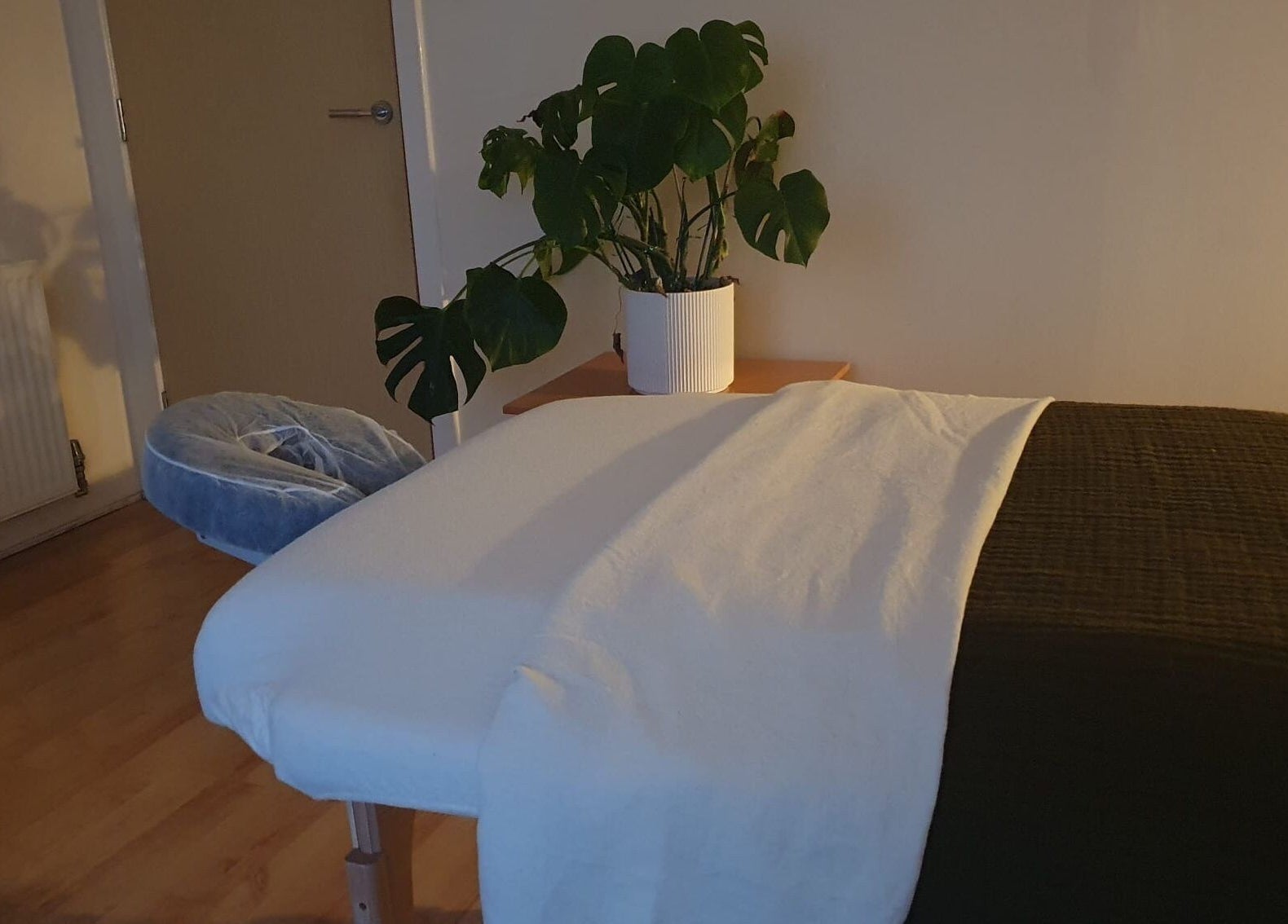 Calming massage room at The Zen Hen, Glasgow, Scotland, GB. Includes a massage table and lush plant.