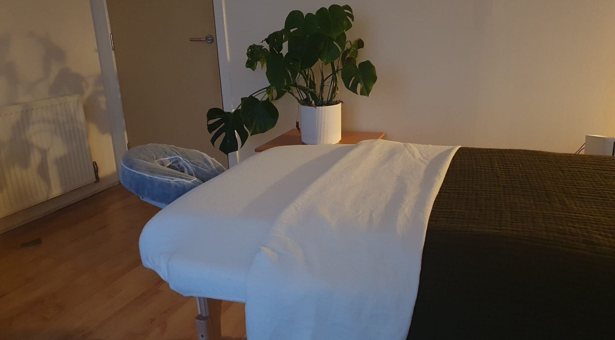 Calming massage room at The Zen Hen, Glasgow, Scotland, GB. Includes a massage table and lush plant.