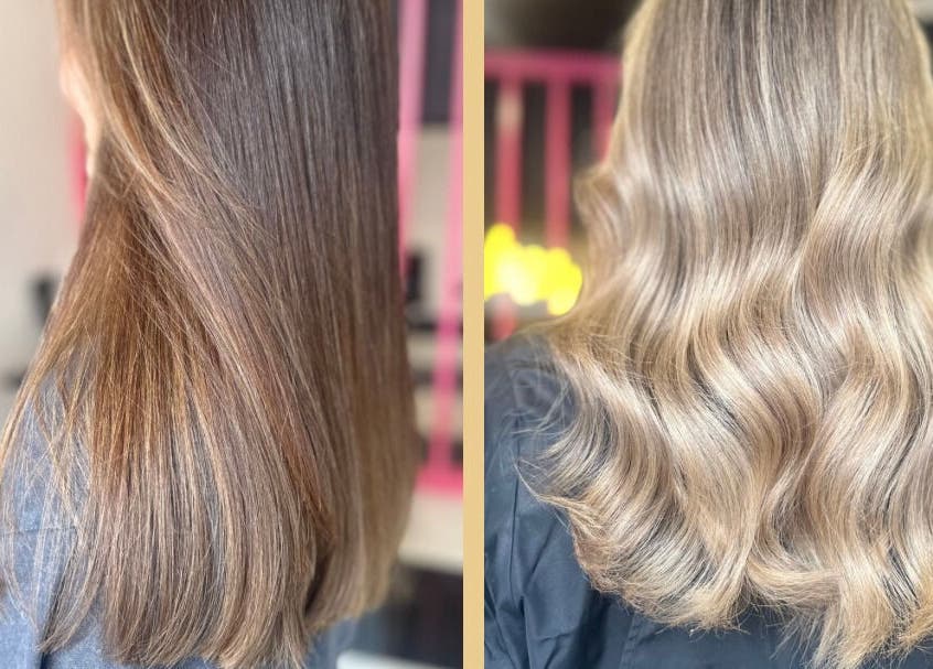 Hair transformation at STRND By Natasha in Glasgow, Scotland, GB, showcasing sleek to wavy styles.