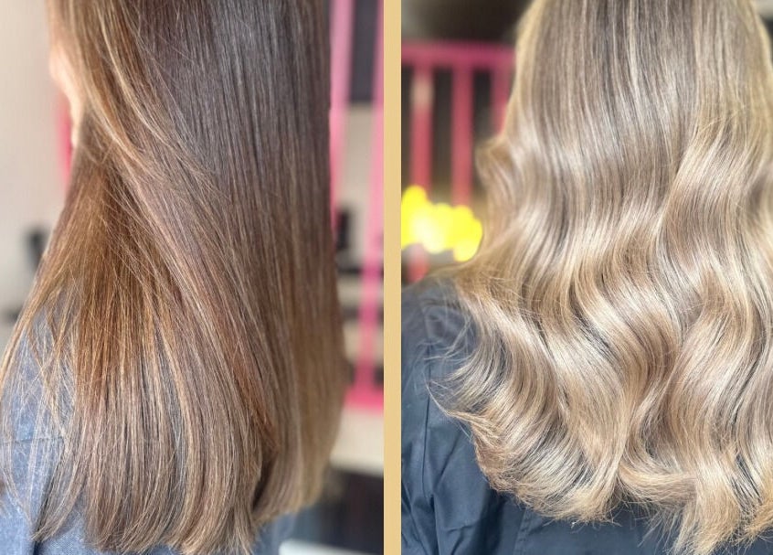 Hair transformation at STRND By Natasha in Glasgow, Scotland, GB, showcasing sleek to wavy styles.