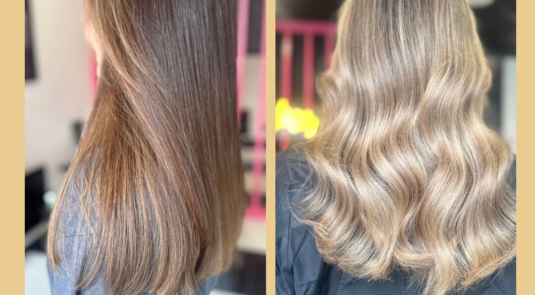 Hair transformation at STRND By Natasha in Glasgow, Scotland, GB, showcasing sleek to wavy styles.