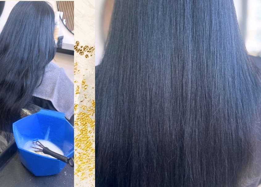 Long, silky hair after treatment at STRND By Natasha in Glasgow, Scotland, GB. Blue bowl with hair product visible.