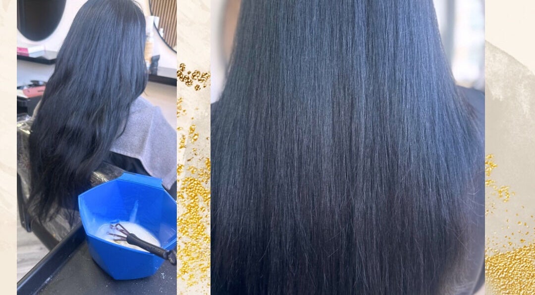 Long, silky hair after treatment at STRND By Natasha in Glasgow, Scotland, GB. Blue bowl with hair product visible.