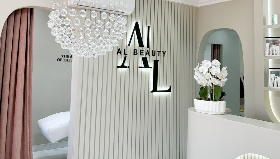 Chic interior of AL Beauty Bar in Centurion, Gauteng, ZA with crystal chandelier and modern decor.