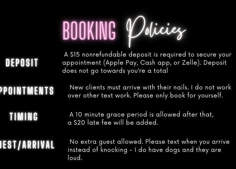 Booking policies at nails.mayaa, Maricopa, Arizona, US detailing deposits, appointments, timing, and guest rules.