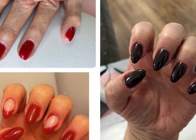 Elegant nail designs at Eyelash Bar Rovi in Southend-on-sea, England, GB showcasing red and black polish.