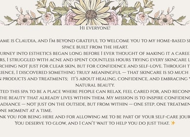 Welcome message from Claudia at Skin.byclaudia, Bolton, Ontario, CA, highlighting her skincare journey.