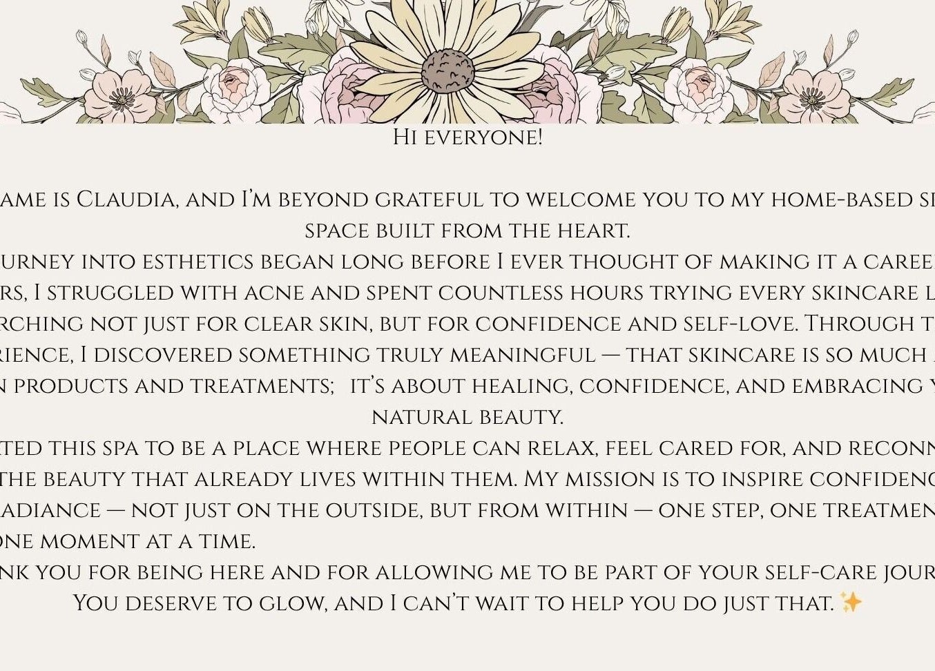 Welcome message from Claudia at Skin.byclaudia, Bolton, Ontario, CA, highlighting her skincare journey.