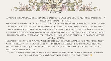 Welcome message from Claudia at Skin.byclaudia, Bolton, Ontario, CA, highlighting her skincare journey.