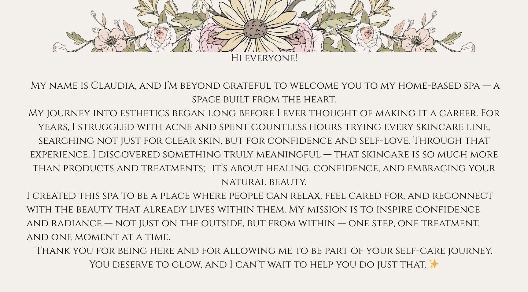 Welcome message from Claudia at Skin.byclaudia, Bolton, Ontario, CA, highlighting her skincare journey.