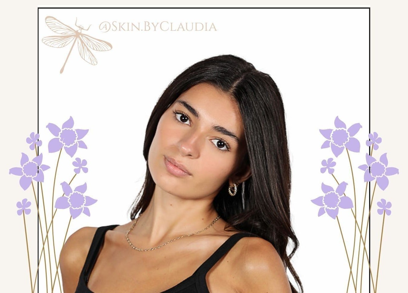 Portrait of a woman at Skin.byclaudia, Bolton, Ontario, CA with floral graphics.