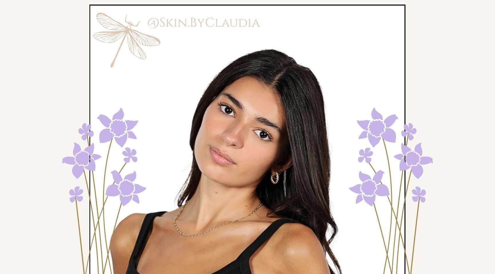 Portrait of a woman at Skin.byclaudia, Bolton, Ontario, CA with floral graphics.