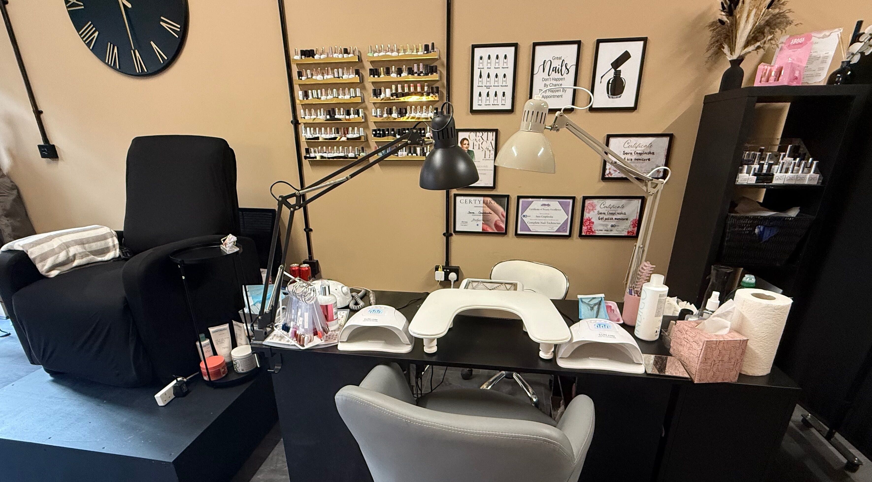Nail treatment area at Nails by Sara, Port Glasgow, Scotland, GB. Cozy setup with essentials and decor.