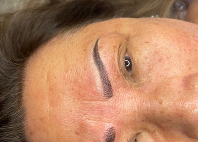 Close-up of microbladed eyebrows at Farnaz Beauty, London, England, GB.