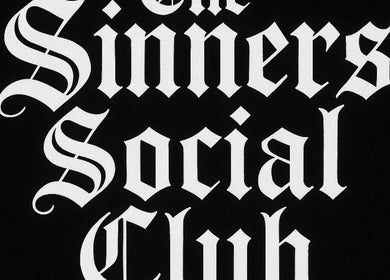 The Sinners Social Club elegant logo in black and white at Ilkeston, England, GB.