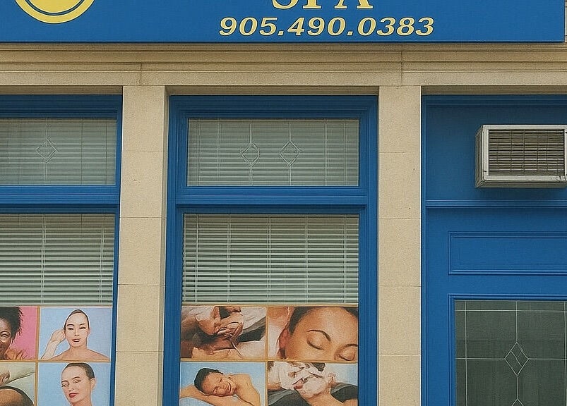 Front view of Soul Heaven Spa in Shelburne, Ontario, CA with pictures of beauty and wellness services offered.