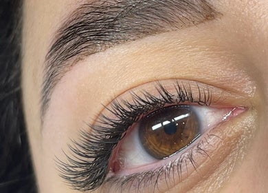 Close-up of elegant eyelash extensions at poshlashes.london in London, England, GB.