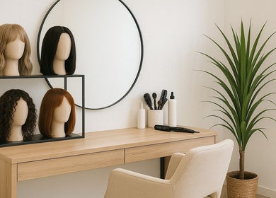 Stylish vanity with wigs and tools at The Beauty Spot, Tunapuna, Tunapuna/piarco Regional Corporation, TT.