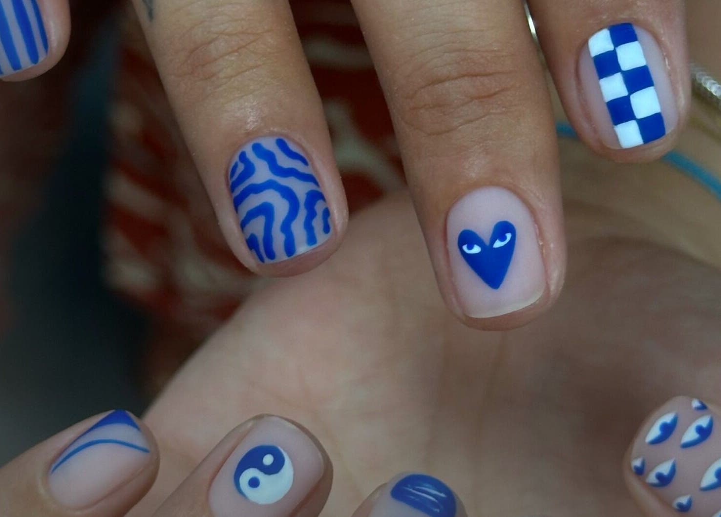 Blue artistic nail designs at Russalon Beauty Studio in Marrakech-safi, Marrakech-safi, MA.