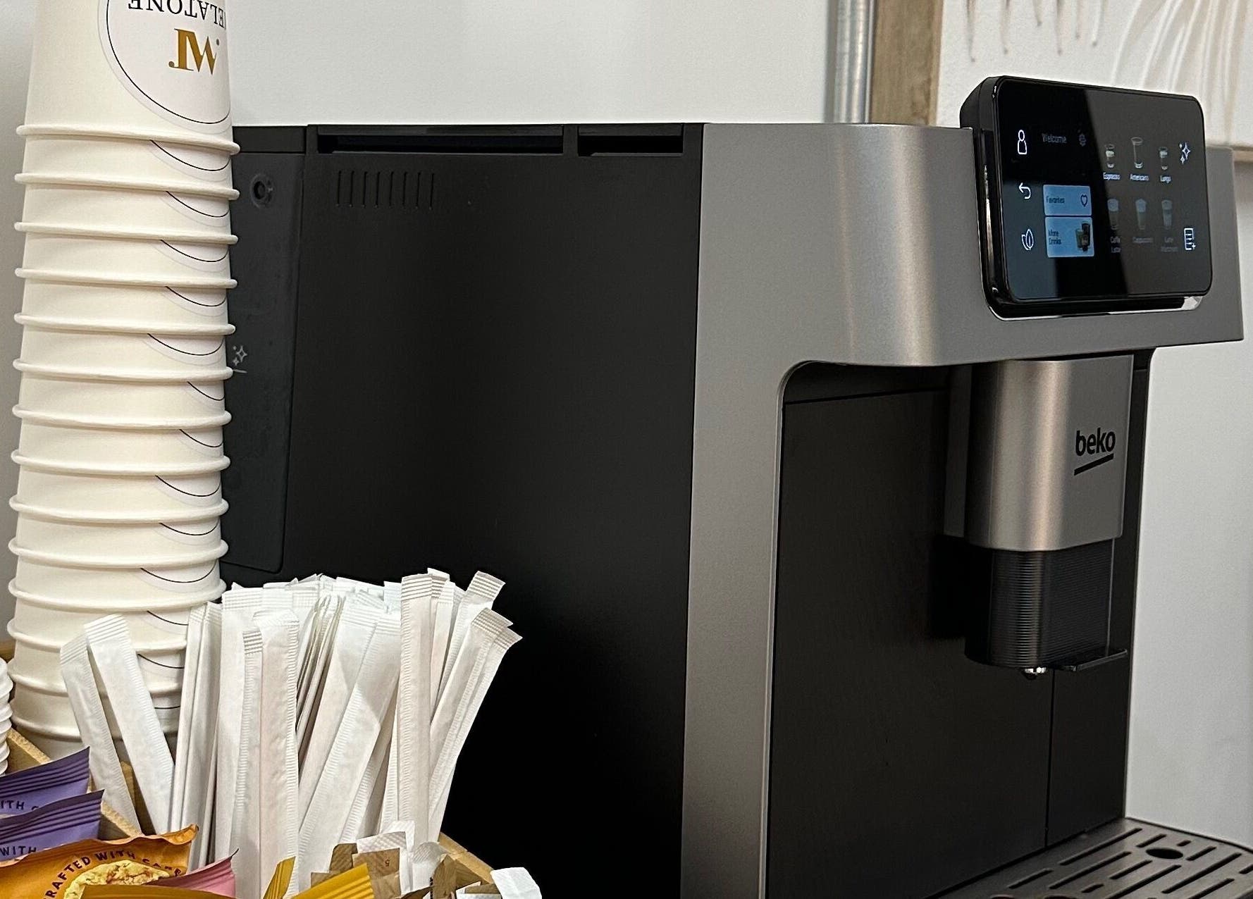 Coffee machine and supplies at Melatone Skin Clinic in London, England, GB for customer refreshments.