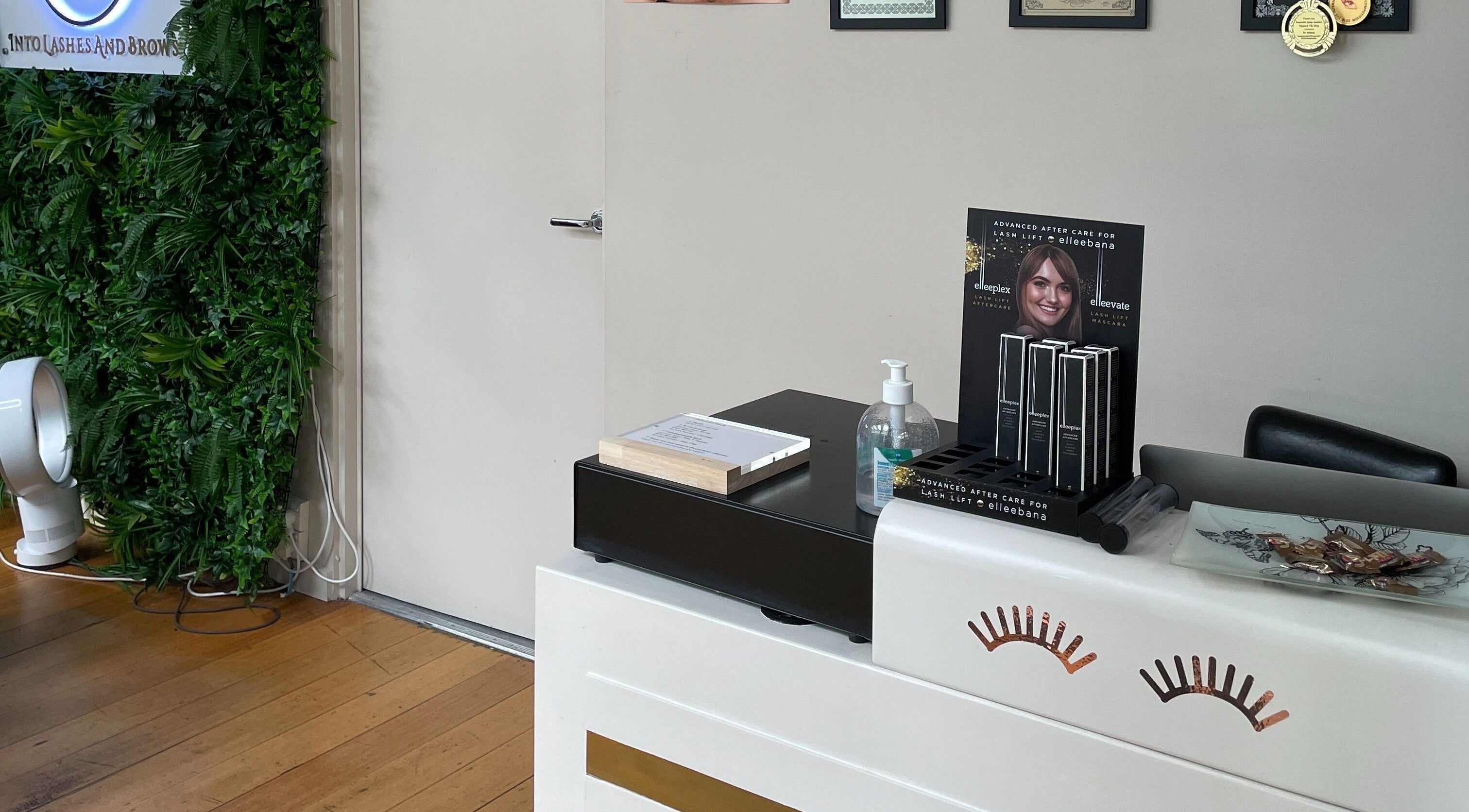 Reception area of Into Lashes And Brows in Hawthorn East, Victoria, AU with lush greenery and beauty products.