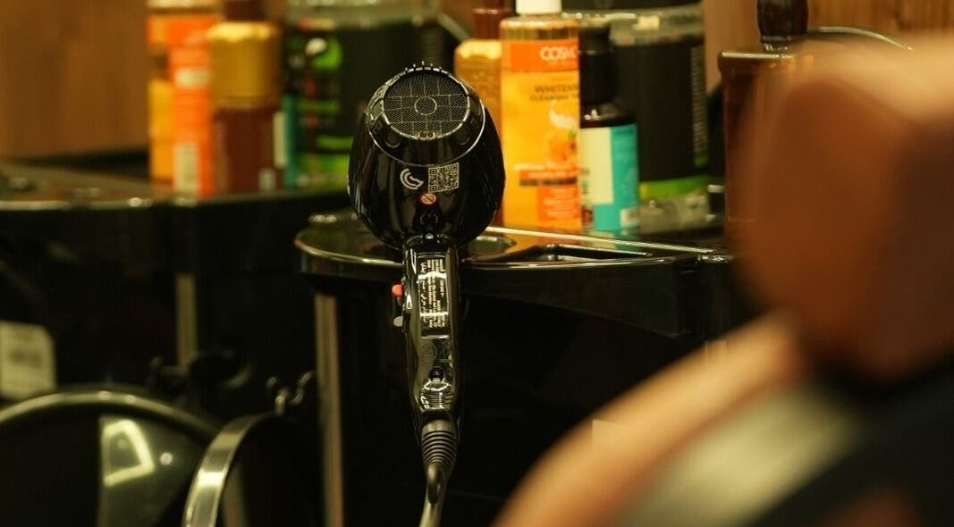 Hair styling tools at Noble Gents in Riyadh, Riyadh Province, SA. Modern salon equipment on display.