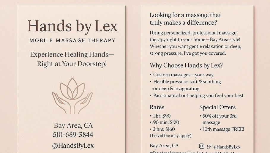Handsbylex massage therapy flyer in Fremont, California, US offering personalized service.