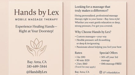 Handsbylex massage therapy flyer in Fremont, California, US offering personalized service.