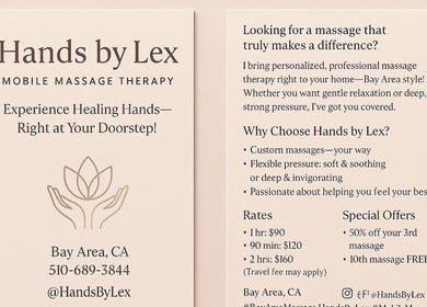Flyer showcasing Handsbylex mobile massage therapy, Fremont, California, US offerings and contact info.