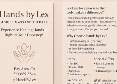 HandsbyLex flyer showcasing massage services in Fremont, California, US with contact details and special offers.