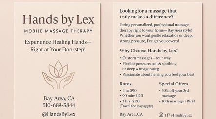 HandsbyLex flyer showcasing massage services in Fremont, California, US with contact details and special offers.