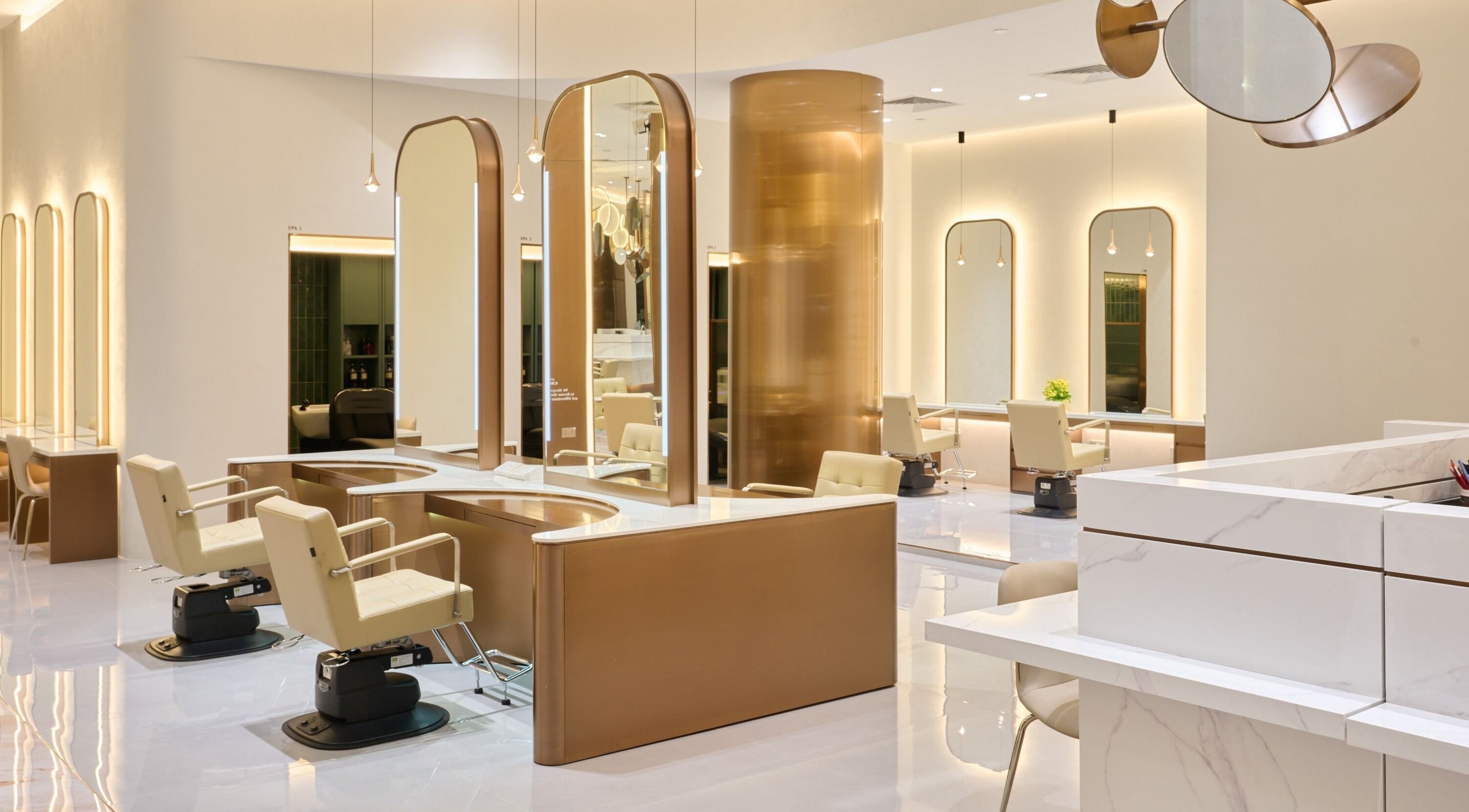 Elegant interior of Juno Hair Singapore featuring modern chairs and mirrors in Singapore, Singapore, SG.