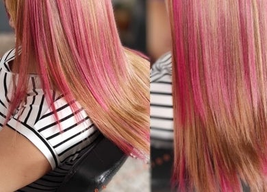 Cabello con mechas rosadas en Eurofashion peluquería unisex, Fuente Álamo, Región De Murcia, ES.