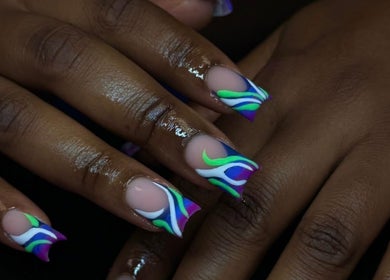 Colorful nail art at Ambitious Beauty Bar, Virginia, Virginia, US.