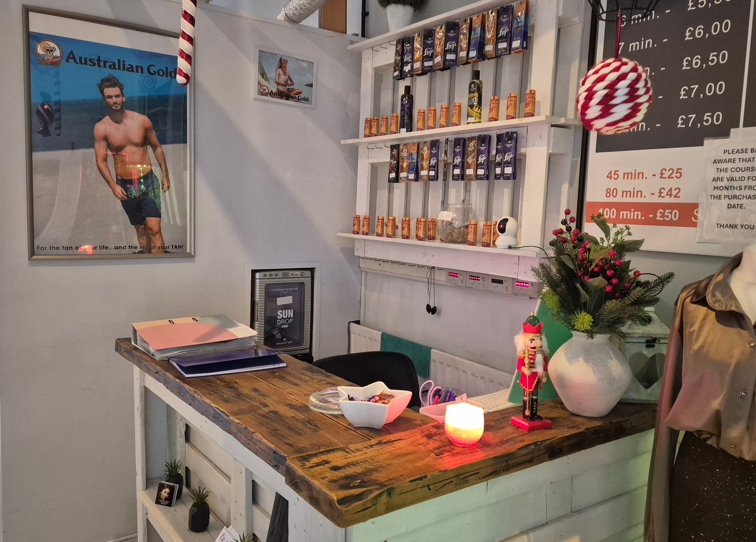 NatieeBeauty reception area with tanning products and decor in Blackpool, England, GB.