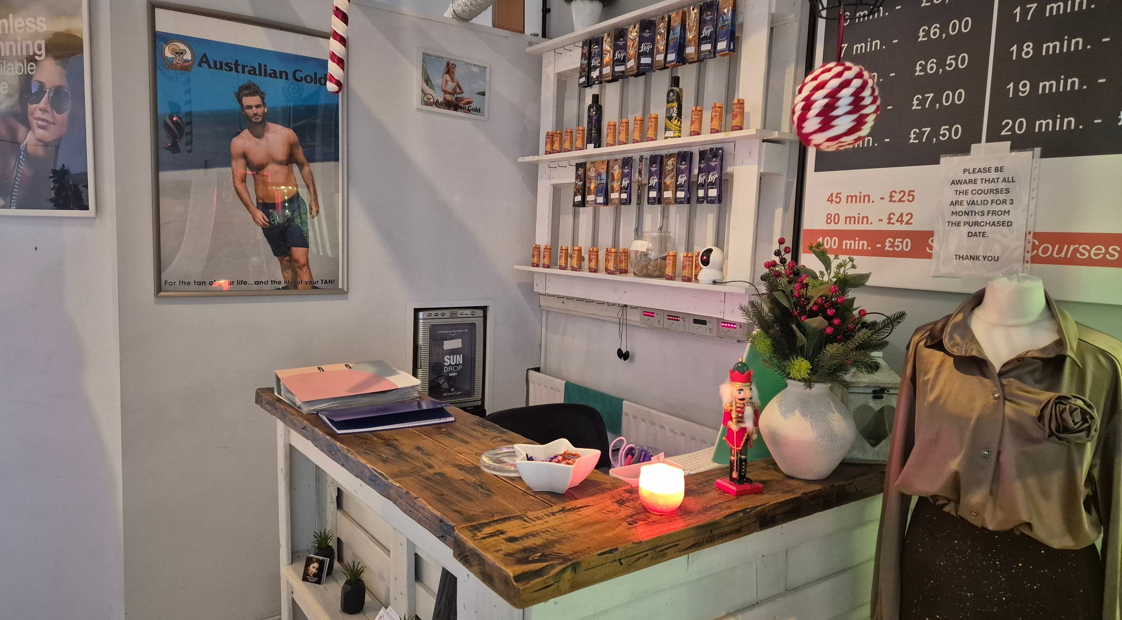 NatieeBeauty reception area with tanning products and decor in Blackpool, England, GB.