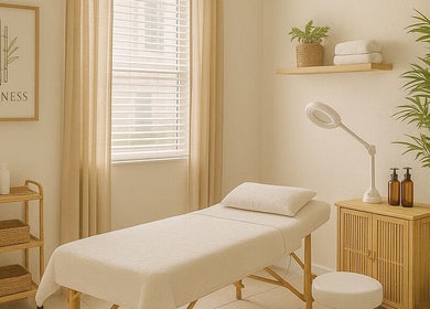 Tranquil therapy room at Lissem & Wellness in Homestead, Florida, US with massage bed and soft lighting.