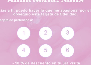 Annasofia Nails loyalty card at Prados De Santa Rosa, Nuevo León, MX on a pink background with discount details.