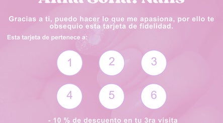 Annasofia Nails loyalty card at Prados De Santa Rosa, Nuevo León, MX on a pink background with discount details.