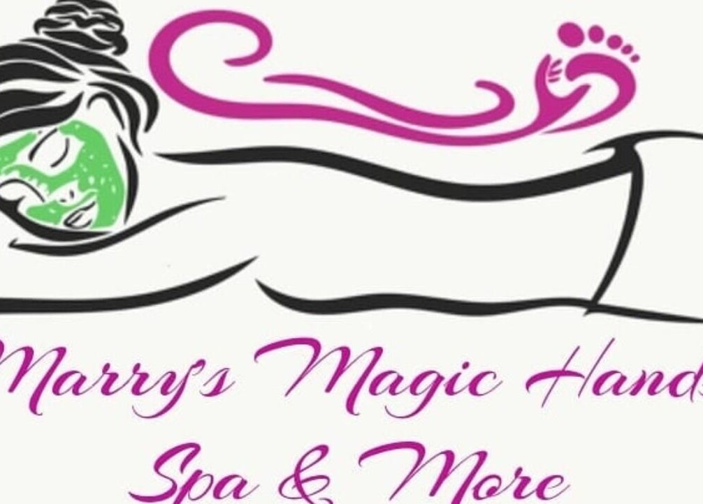 Illustrated logo of Marrys Magic Hands Spa in Willemstad, CW with a woman receiving a facial.