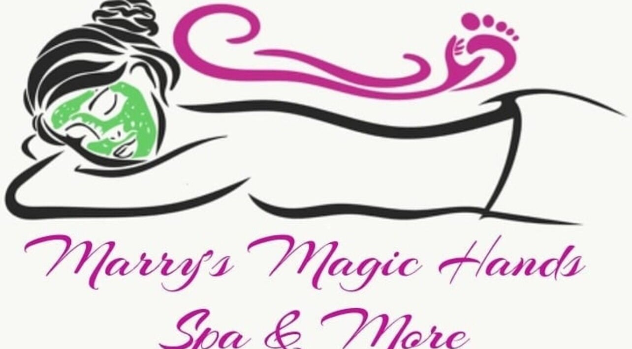 Illustrated logo of Marrys Magic Hands Spa in Willemstad, CW with a woman receiving a facial.