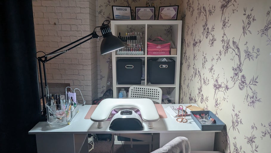 Modern nail station at Muse K Nails in London, England, GB, featuring a stylish workspace and beauty tools.